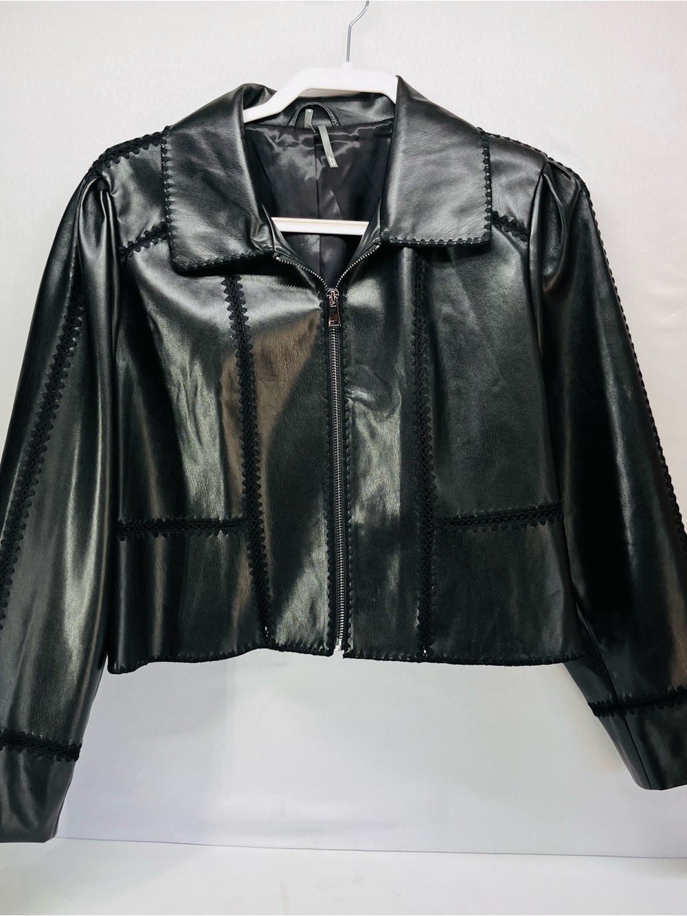 Anthropology whip stitch Black Faux Leather Zip Jacket